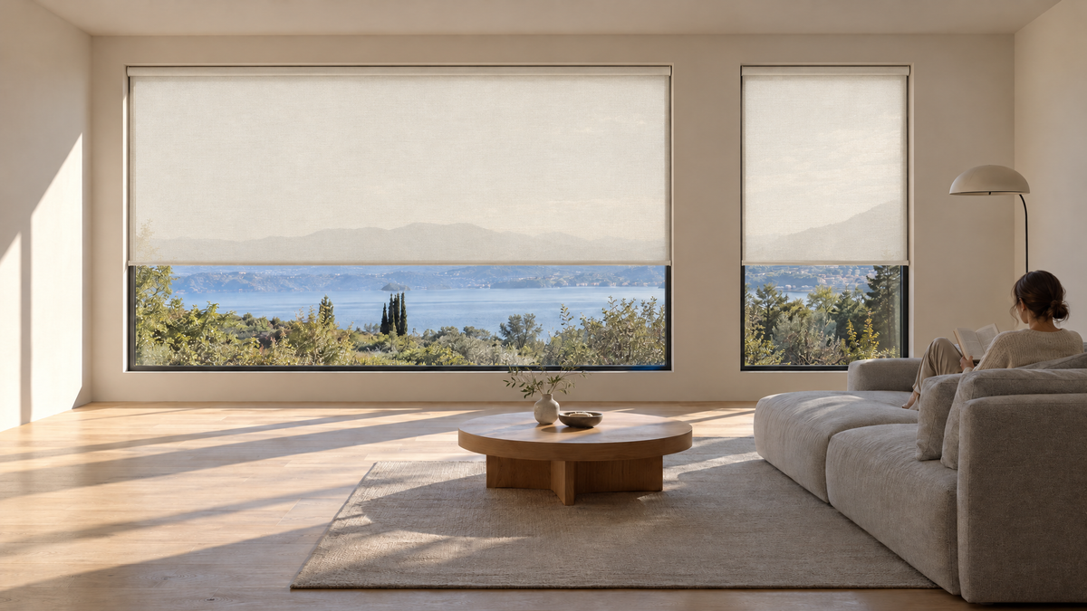 Light Filtering Roller Shades in Ivory — a modern minimalist living room: a low-profile light gray sofa, a round pale oak coffee table, a single sculptural floor lamp, smooth warm-white plaster walls, wide-plank light oak floor, no clutter