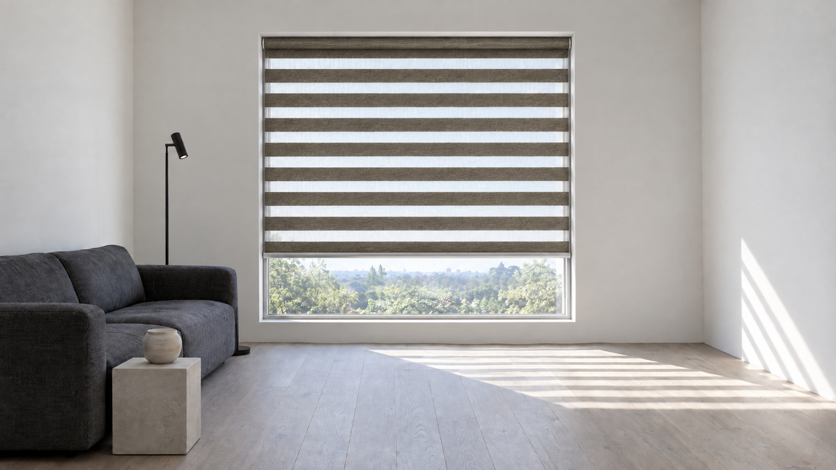 Zebra Shades in Bronze — a modern minimalist apartment living space