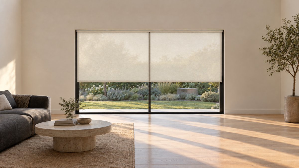 Light Filtering Roller Shades in Ivory — Ultra-realistic interior photograph, 3:1 ultra-wide aspect ratio
