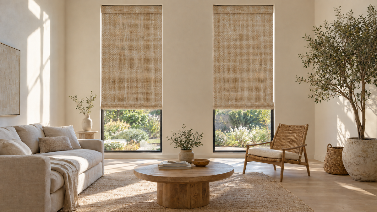 Blackout Woven Wood Shades in Golden Loom — Ultra-realistic interior photograph, 3:1 ultra-wide aspect ratio