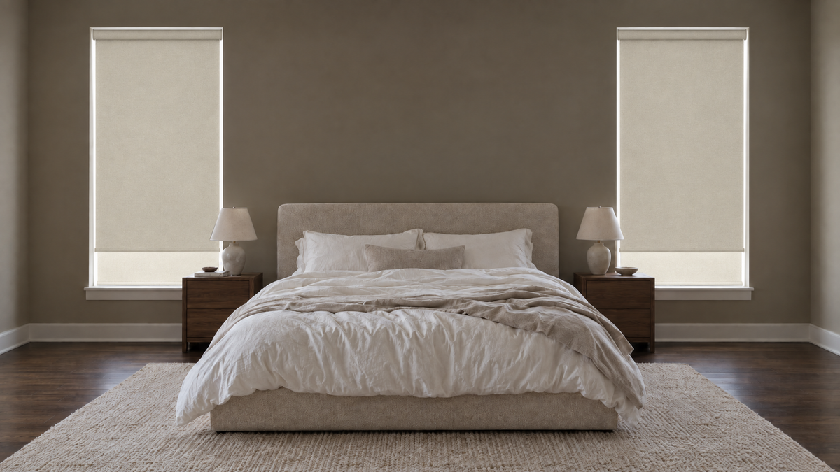 Blackout Roller Shades in Ivory — Ultra-realistic interior photograph, 3:1 ultra-wide aspect ratio