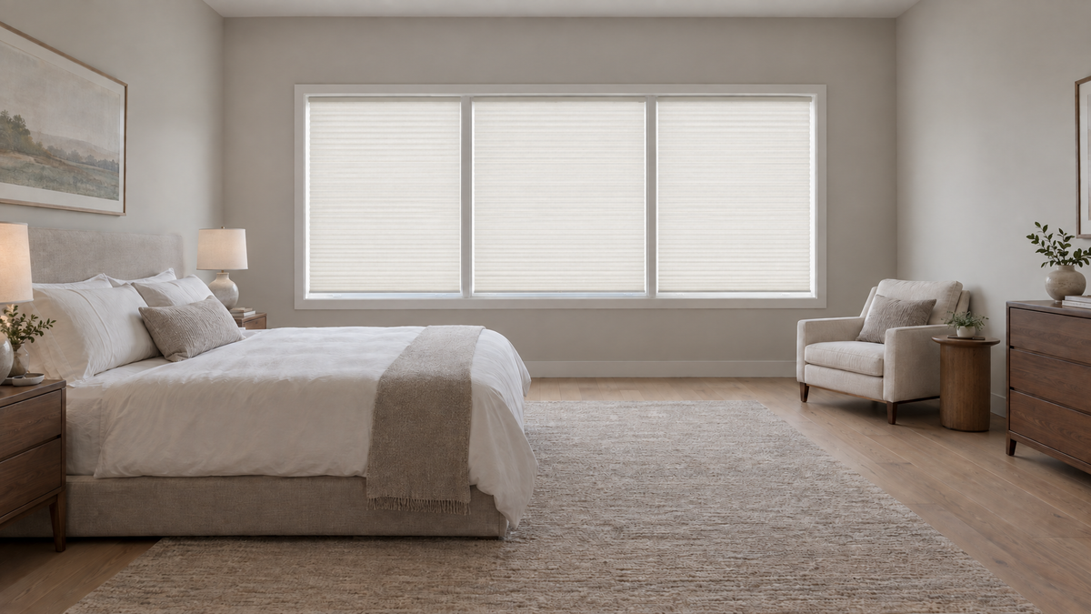 Blackout Cellular Shades in White — a calm, modern primary bedroom in a single-family home