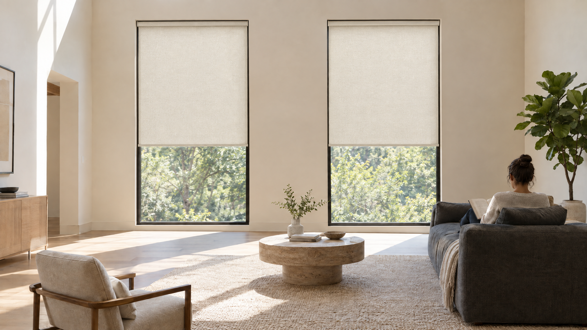 Light Filtering Roller Shades in Ivory — Ultra-realistic interior photograph, 3:1 ultra-wide aspect ratio
