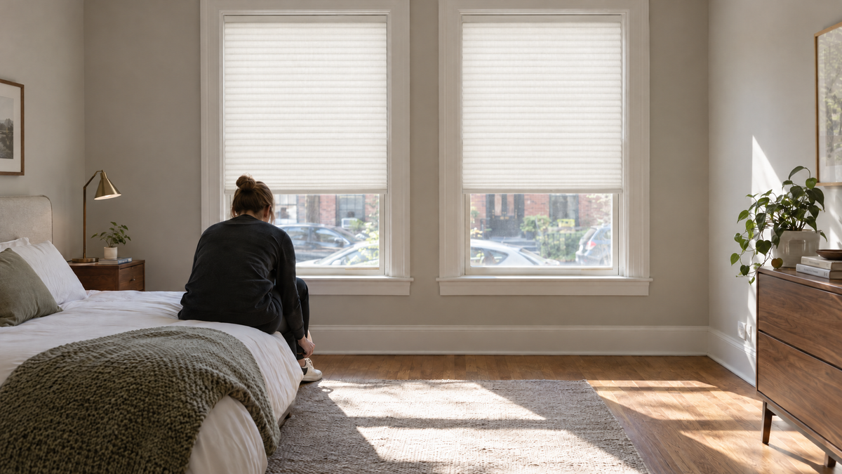 Light Filtering Cellular Shades in White — a ground-floor bedroom in a city townhouse whose windows face the street, ultra-wide 3:1 aspect ratio