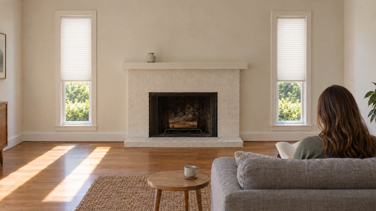 Light Filtering Cellular Shades in White — a residential living room with a pair of tall narrow windows flanking a fireplace, mid-morning with bright directional sun