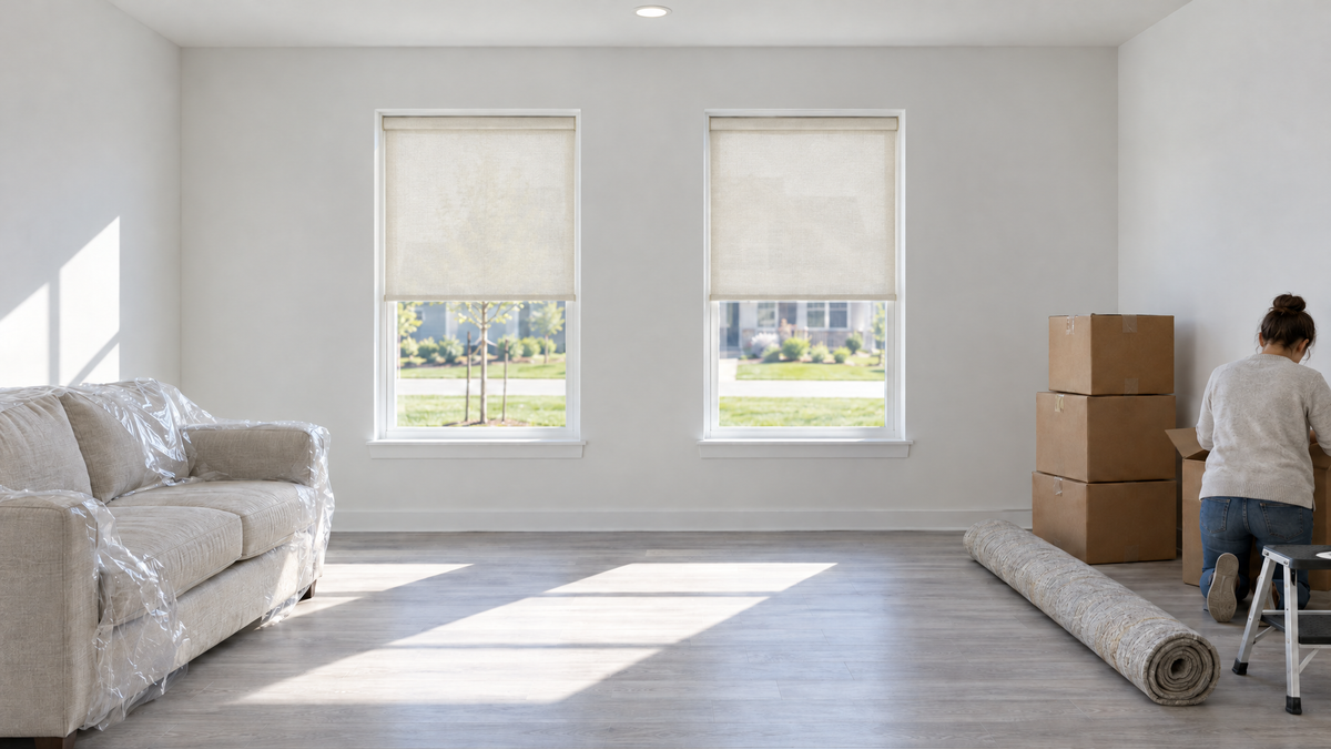 Light Filtering Roller Shades in Ivory — the living room of a newly built suburban house on move-in week, late morning