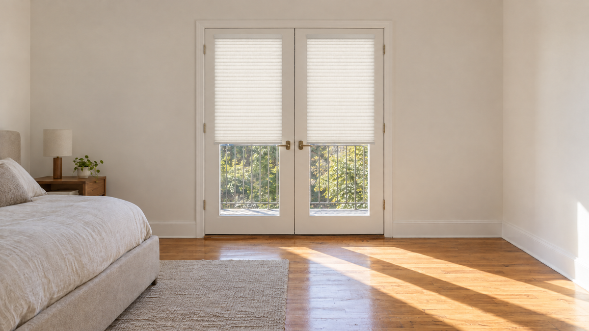Light Filtering Cellular Shades in White — Ultra-realistic interior photograph, 3:1 ultra-wide aspect ratio