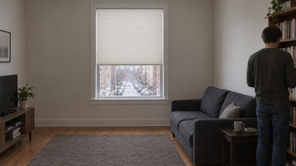 Blackout Cellular Shades in White — an urban apartment living room on a busy street, daytime under flat overcast