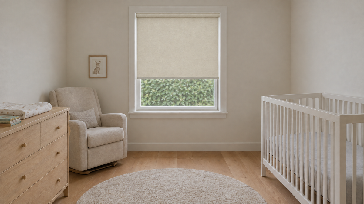 Blackout Roller Shades in Ivory — a residential nursery, late morning under heavy overcast