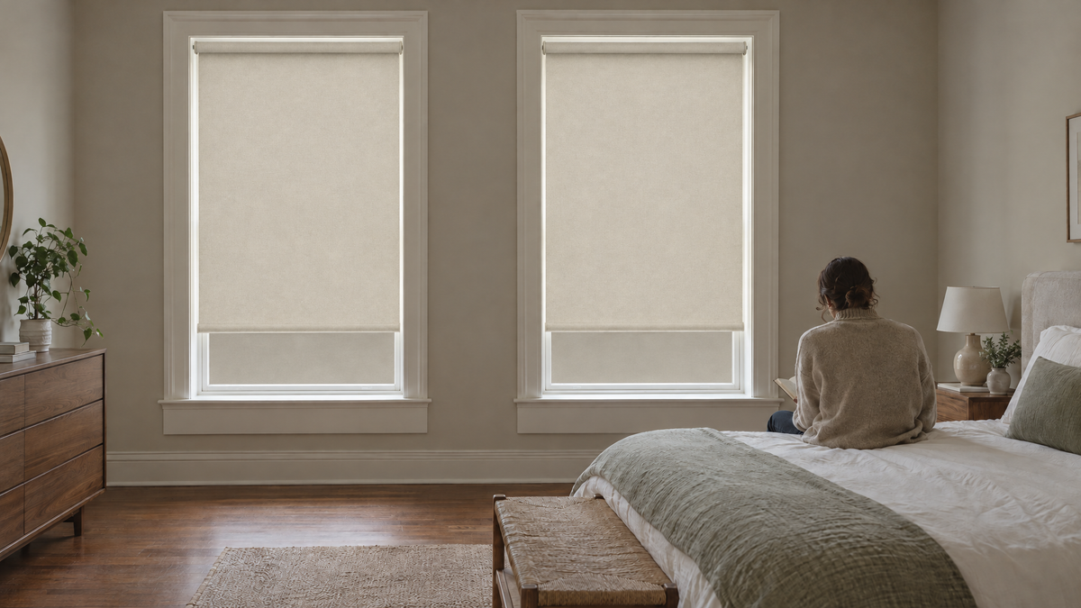 Blackout Roller Shades in Ivory — Photorealistic interior photograph, 3:1 ultra-wide aspect ratio
