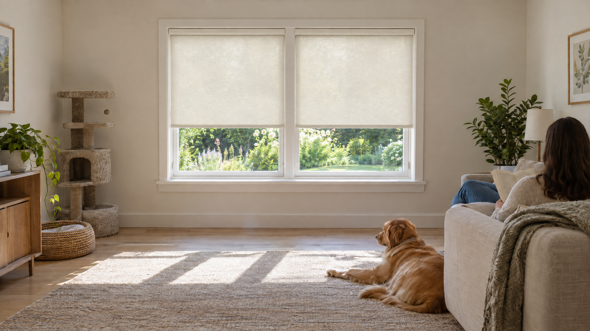 Light Filtering Roller Shades in Ivory — Photorealistic interior photograph, 3:1 ultra-wide aspect ratio