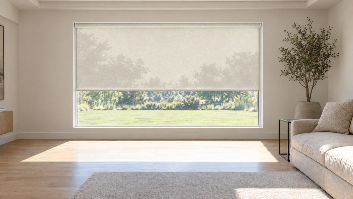 Solar Shades in Ivory — a contemporary residential living room built around a single large picture window, early afternoon
