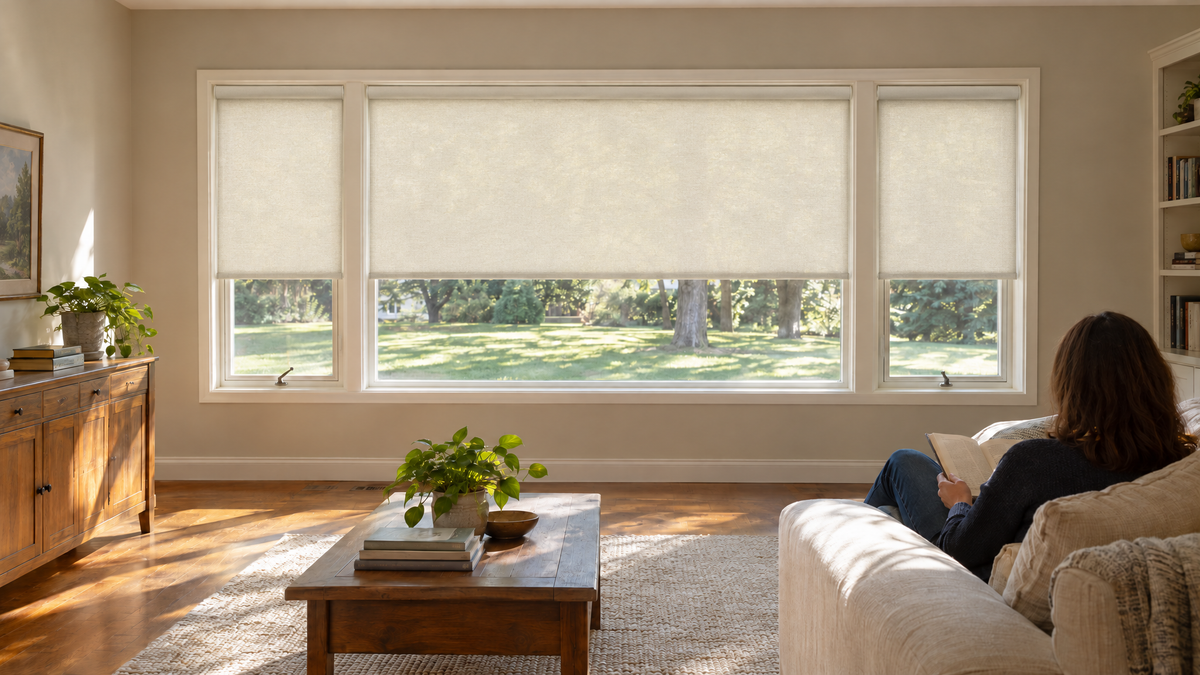 Light Filtering Roller Shades in Ivory — a comfortable, lived-in family living room in a 1990s suburban house