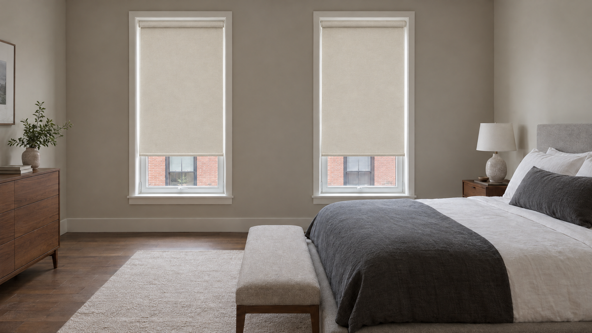 Blackout Roller Shades in Ivory — a calm, simply furnished primary bedroom in a city townhouse, aspect ratio 3:1 ultra-wide