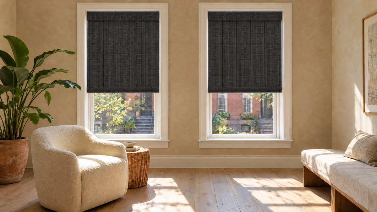 Blackout Woven Wood Shades in Carbon Reed — ultra-realistic interior photograph
