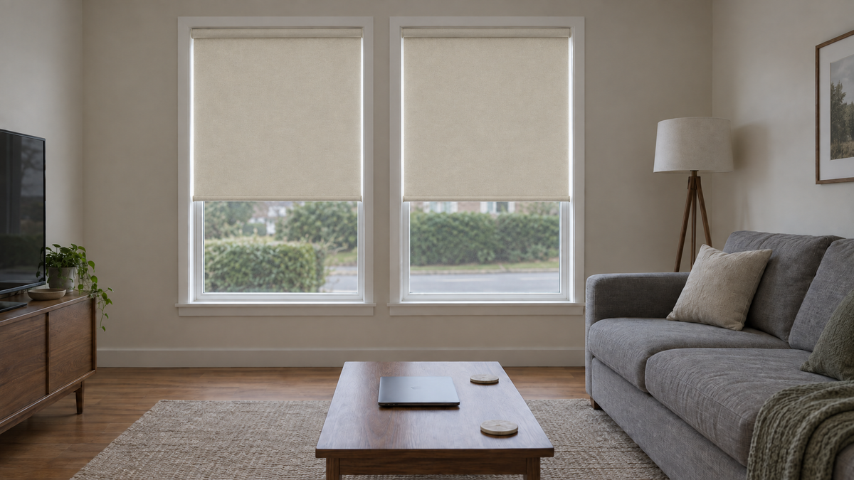 Blackout Roller Shades in Ivory — a suburban residential living room at street level, late afternoon under heavy overcast