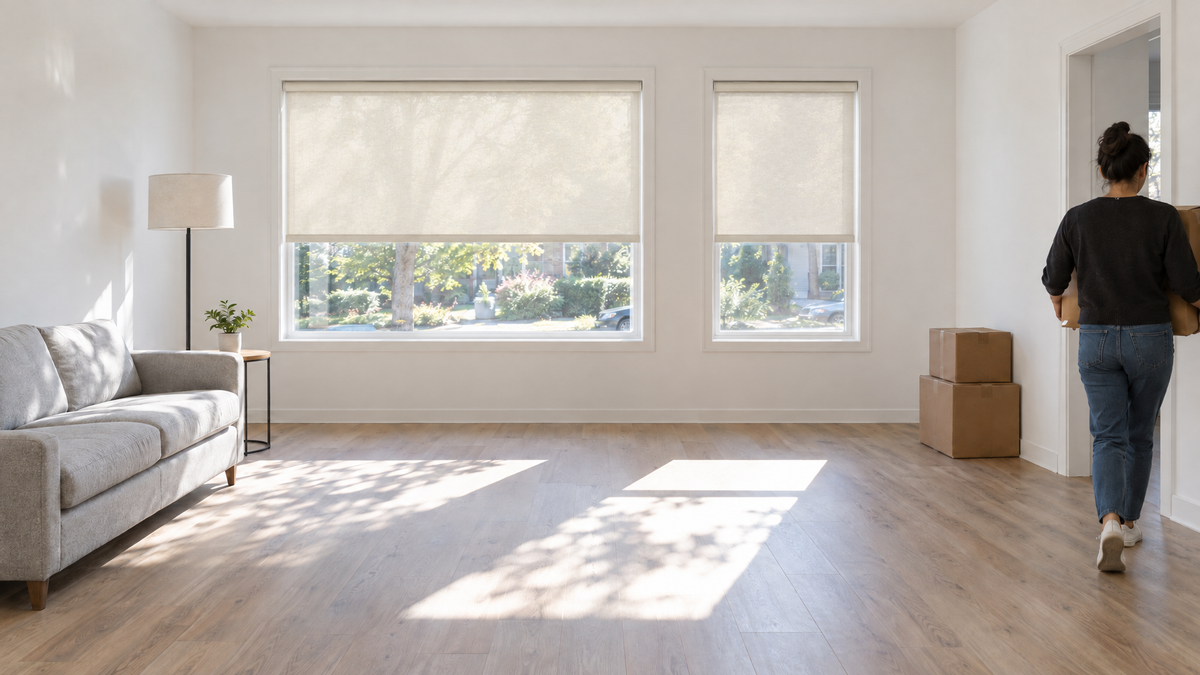 Light Filtering Roller Shades in Ivory — an empty-feeling living room in a freshly painted rental apartment, aspect ratio 3:1 ultra-wide