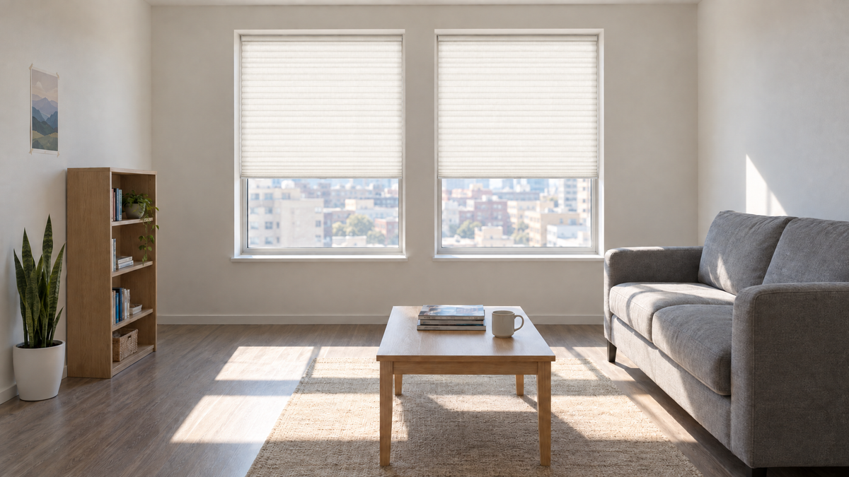 Light Filtering Cellular Shades in White — a rented apartment living room, mid-morning with bright directional sun