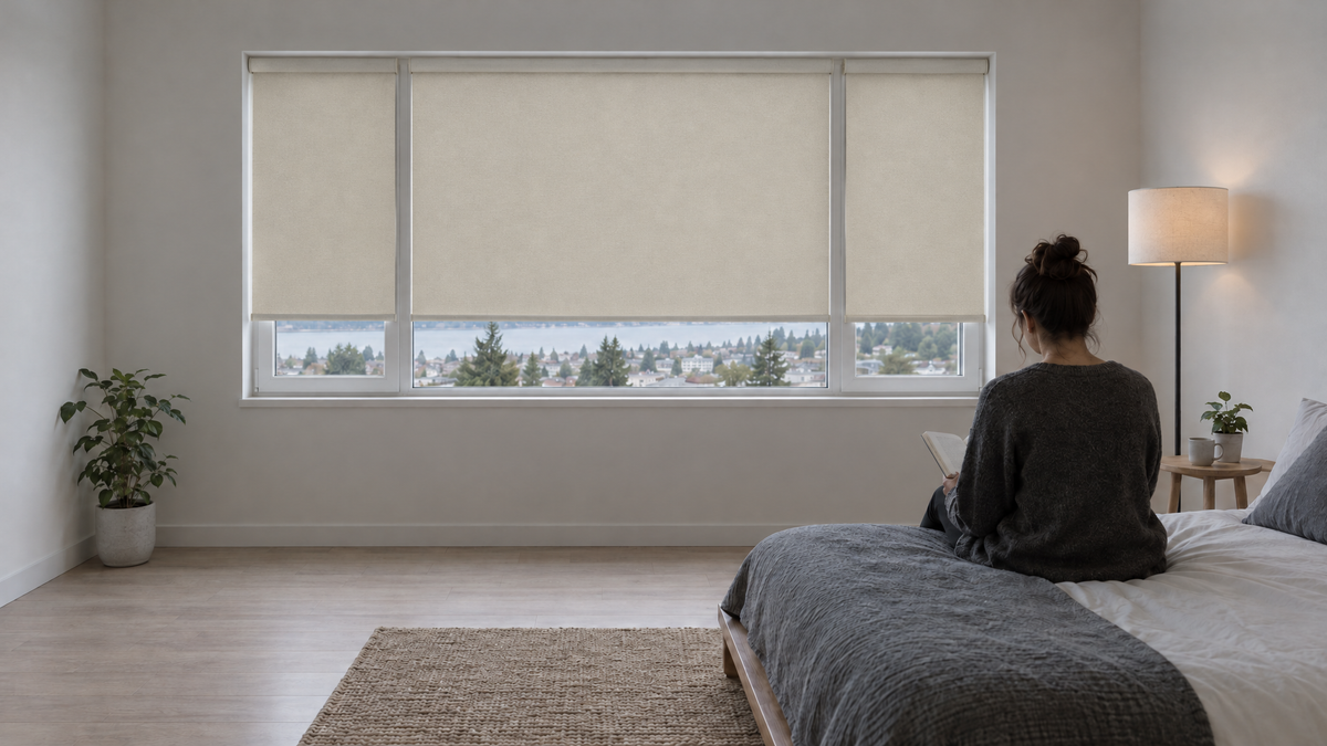 Blackout Roller Shades in Ivory — Ultra-realistic interior photograph, 3:1 ultra-wide aspect ratio