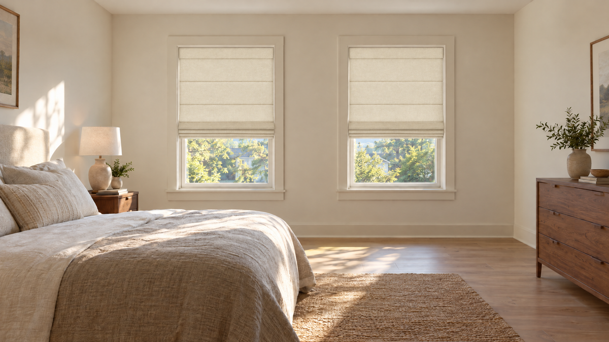 Light Filtering Roman Shades in Ivory — Ultra-realistic interior photograph, 3:1 ultra-wide aspect ratio