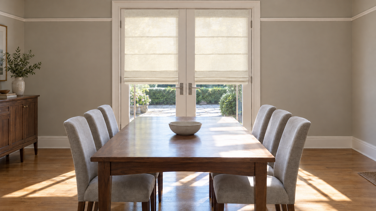Light Filtering Roman Shades in Ivory — photograph