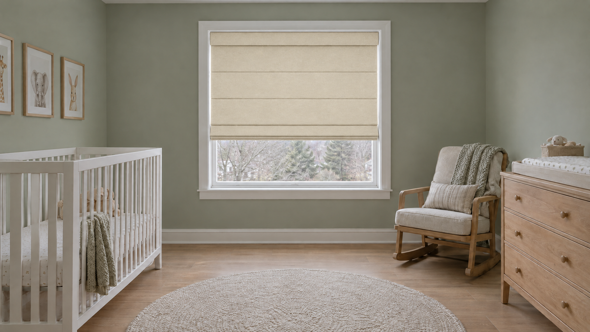 Blackout Roman Shades in Ivory — Ultra-realistic interior photograph, 3:1 ultra-wide aspect ratio
