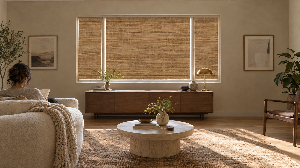 Blackout Woven Wood Shades in Prairie Jute — Ultra-realistic interior photograph, 3:1 ultra-wide aspect ratio, of the living room of a renovated 1950s single-story ranch house, early afternoon with bright directional sun
