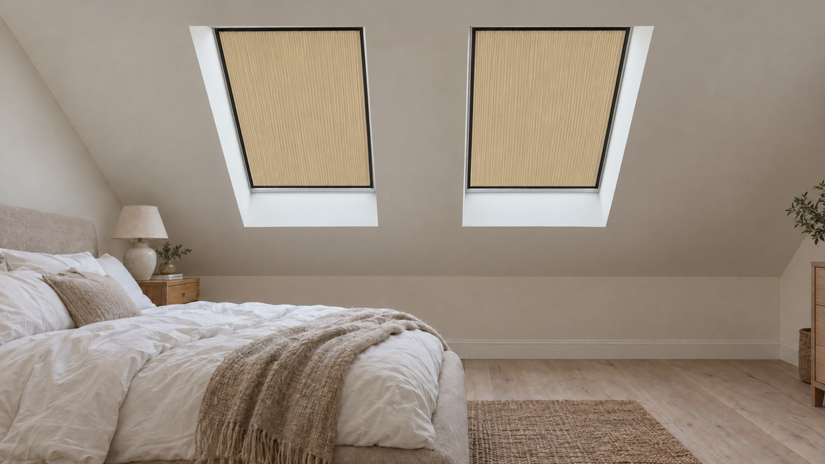 ZeroGlow™ Blackout Shades in Beige — Ultra-realistic interior photograph, 3:1 ultra-wide aspect ratio