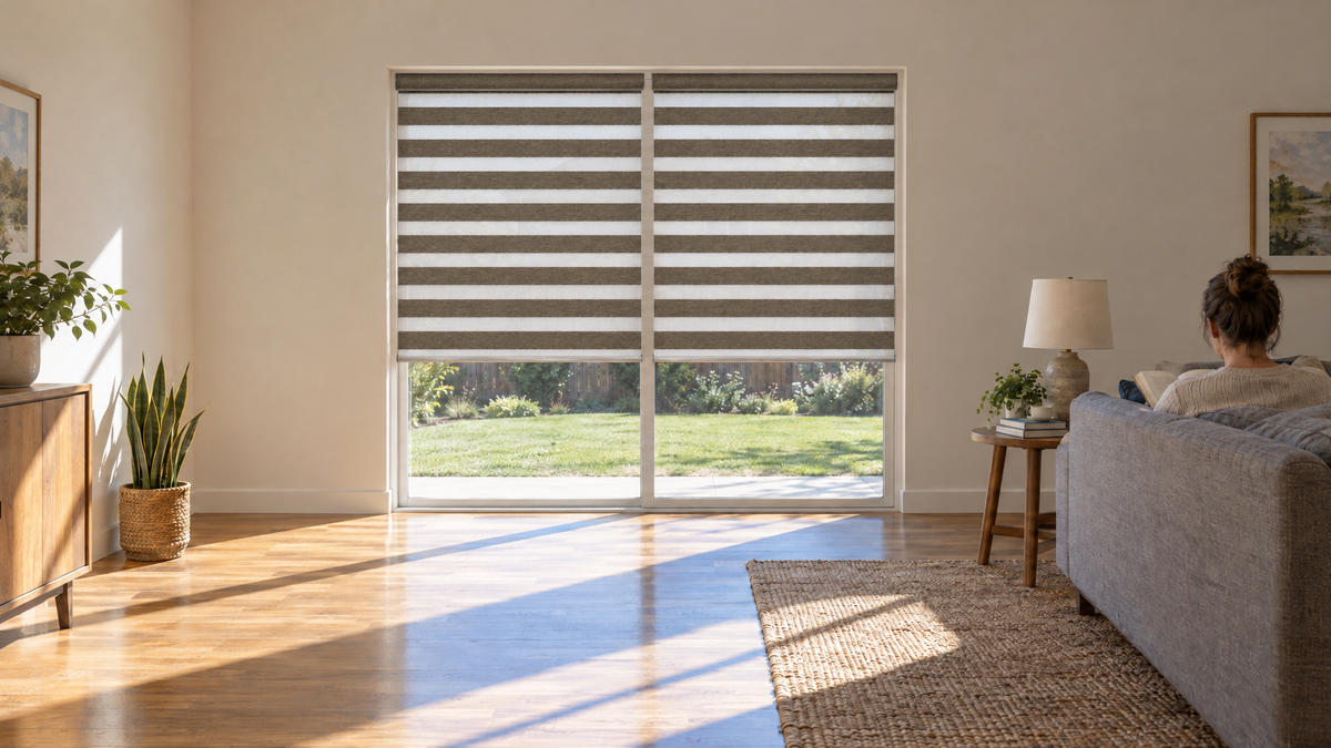 Zebra Shades in Bronze — ultra-realistic interior photograph