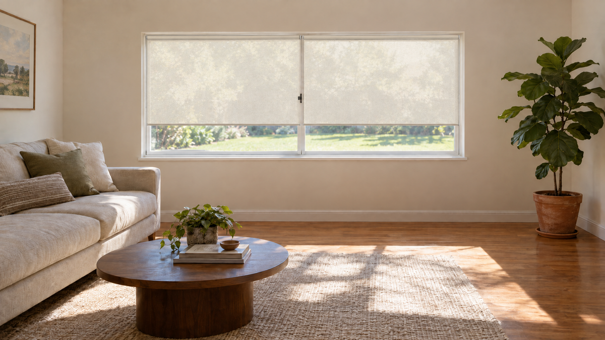 Solar Shades in Ivory — Photorealistic interior photograph, 3:1 ultra-wide aspect ratio