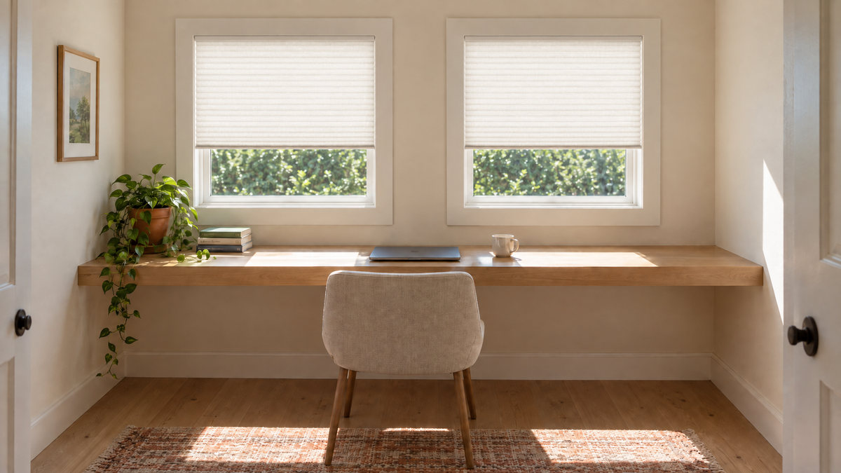 Light Filtering Cellular Shades in White — Ultra-realistic interior photograph, 3:1 ultra-wide aspect ratio, of a compact home office nook in a modest suburban house, mid-morning with bright directional sun