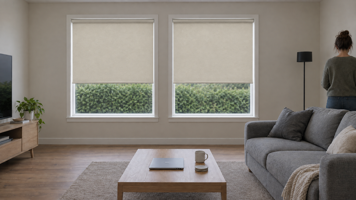 Blackout Roller Shades in Ivory — a contemporary residential living room, late afternoon under heavy overcast