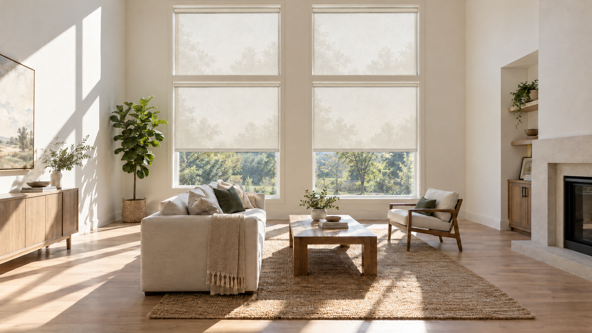 Solar Shades in Ivory — a bright double-height great room in a newer suburban home, ultra-wide 3:1 aspect ratio