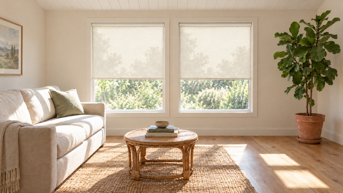 Solar Shades in Ivory — a bright residential sunroom in a suburban home, mid-morning
