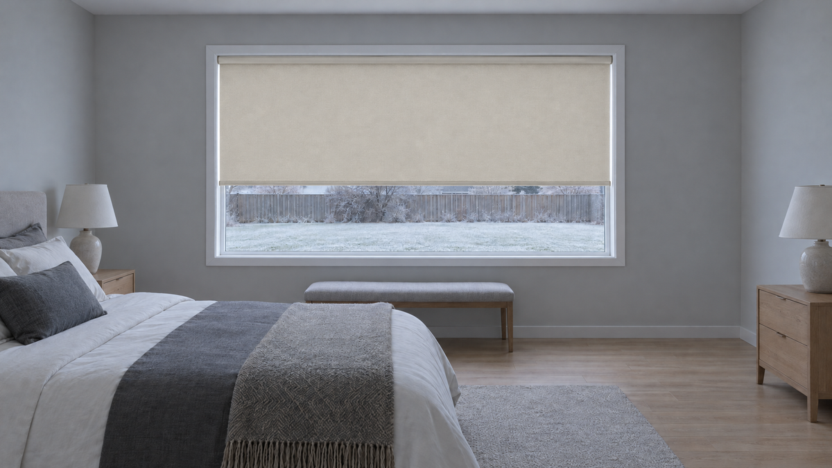 Blackout Roller Shades in Ivory — Ultra-realistic interior photograph, 3:1 ultra-wide aspect ratio