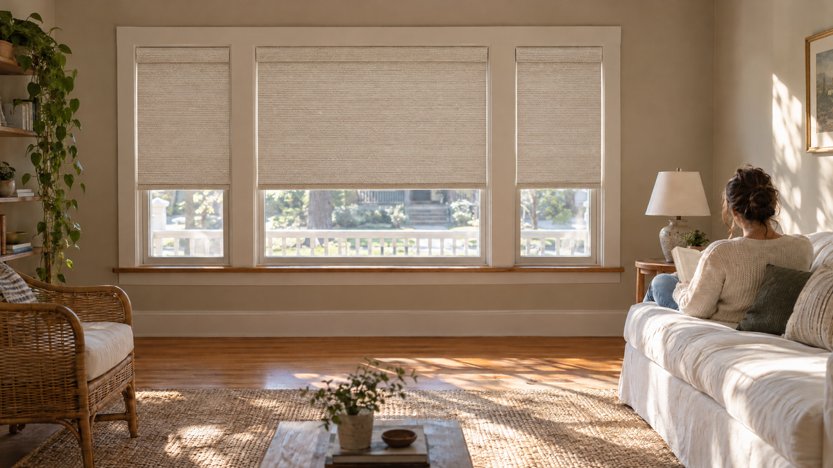 Blackout Woven Wood Shades in Dune Pearl — Photorealistic interior photograph, 3:1 ultra-wide aspect ratio