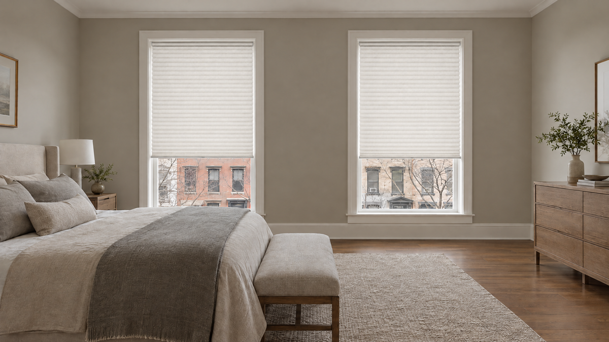 Blackout Cellular Shades in White — a street-facing primary bedroom in a city townhouse, comfortably furnished: an upholstered headboard bed with layered neutral bedding in stone and soft gray, a bench at the foot of the bed, a wool rug over medium-tone