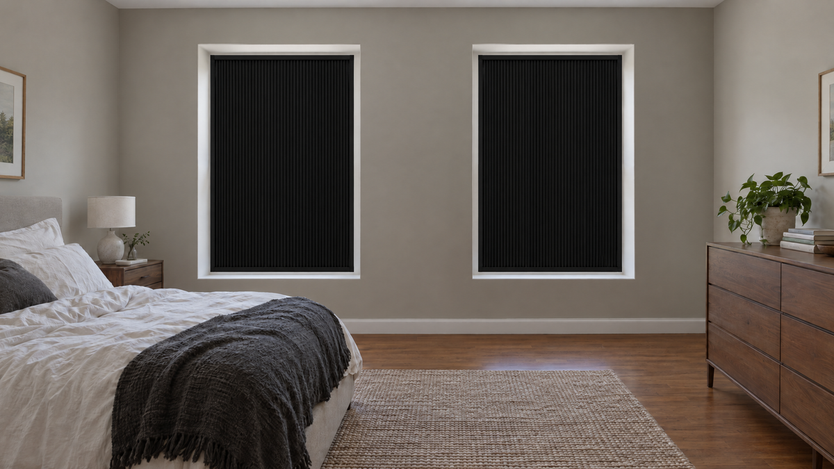 ZeroGlow™ Blackout Shades in Black — Ultra-realistic interior photograph, 3:1 ultra-wide aspect ratio