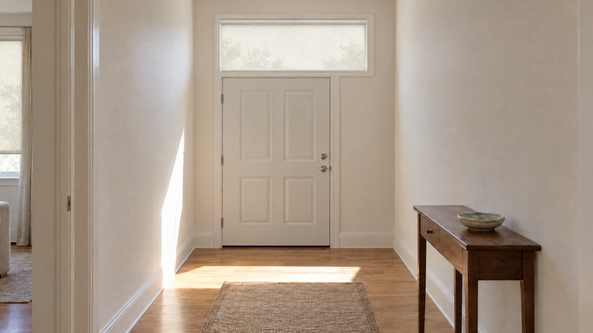Solar Shades in Ivory — a residential entry hall with a wide transom window above the front door, early afternoon