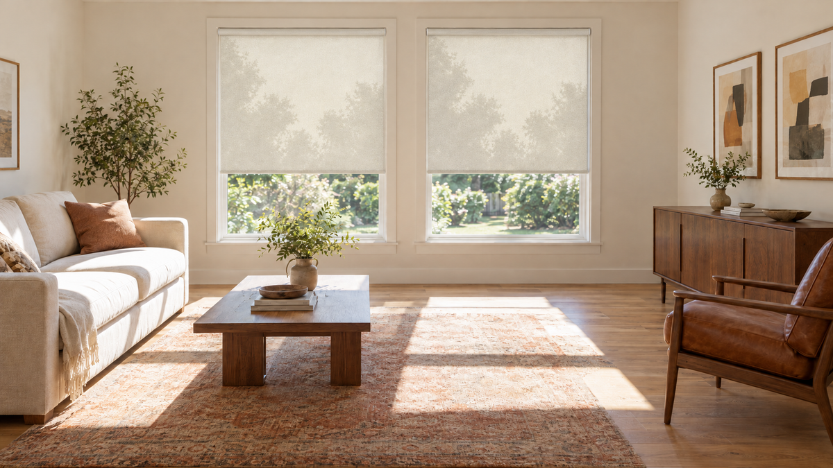 Solar Shades in Ivory — a bright, well furnished living room in a family home, 3:1 ultra-wide aspect ratio