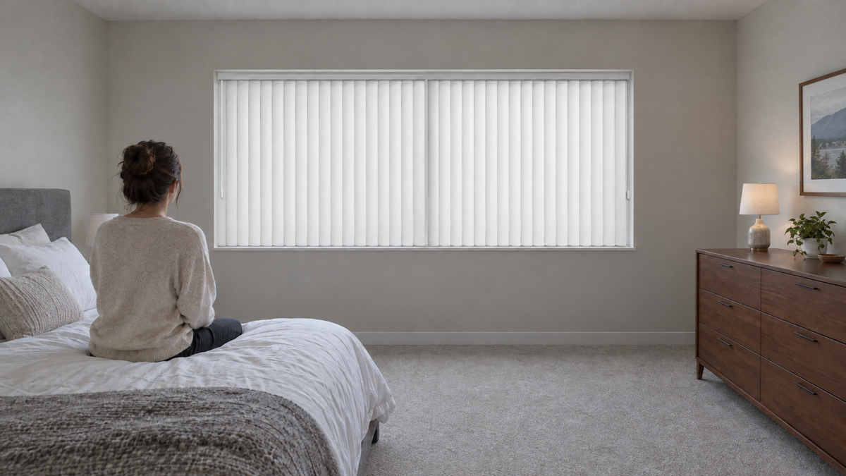 Vertical Blinds in White — Ultra-realistic interior photograph, 3:1 ultra-wide aspect ratio