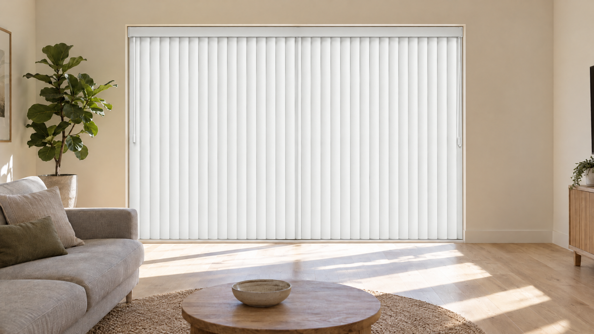 Vertical Blinds in White — Photorealistic interior photograph, 3:1 ultra-wide aspect ratio