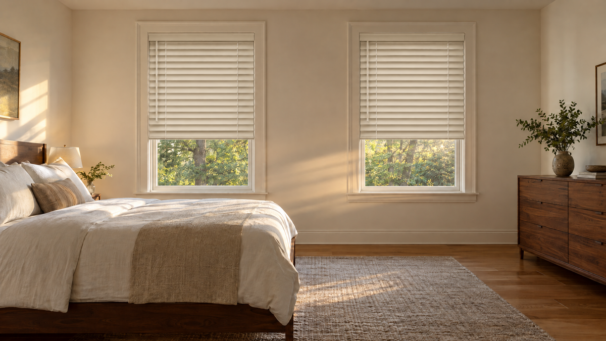 Wood Blinds in Alabaster — a warm, comfortably furnished primary bedroom: a solid walnut bed frame with crisp white and oatmeal linen bedding, a matching walnut dresser, a wool rug over wide-plank honey oak floors, walls painted a soft warm white with