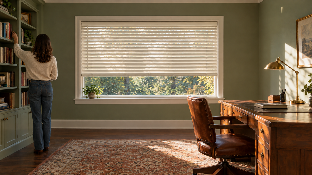 Wood Blinds in Alabaster — Ultra-realistic interior photograph, 3:1 ultra-wide aspect ratio