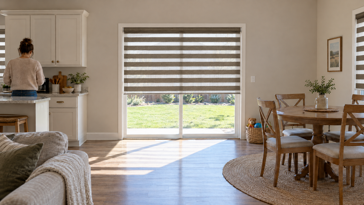 Zebra Shades in Bronze — Ultra-realistic interior photograph, 3:1 ultra-wide aspect ratio