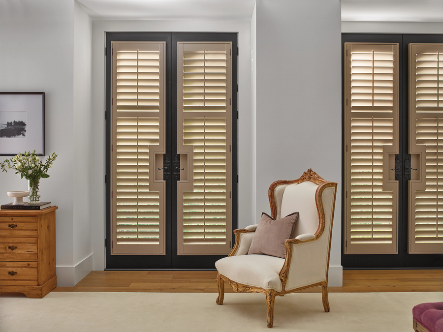 Stained Wood French Door Plantation Shutter