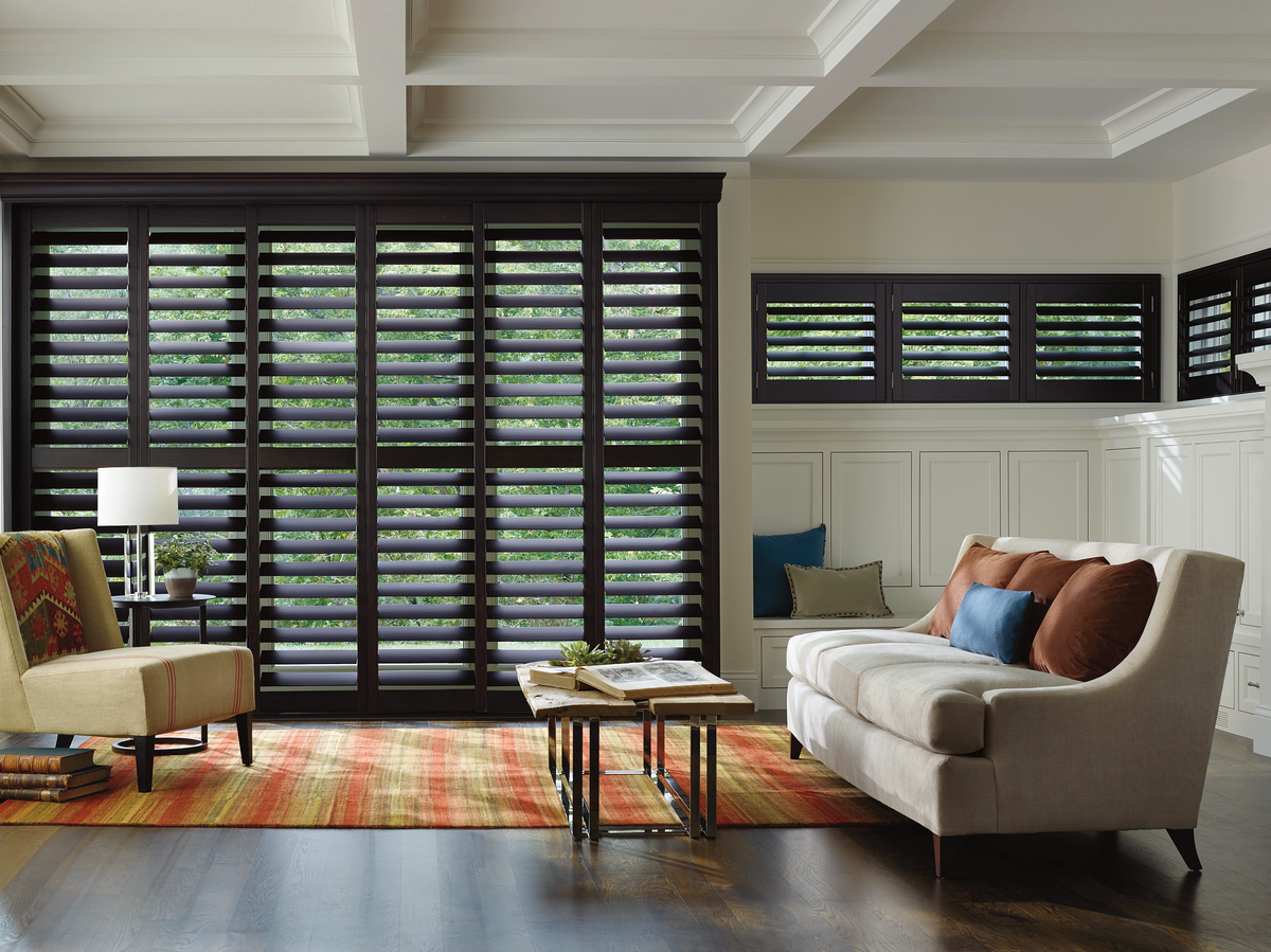Stained Wood Sliding Door Plantation Shutter