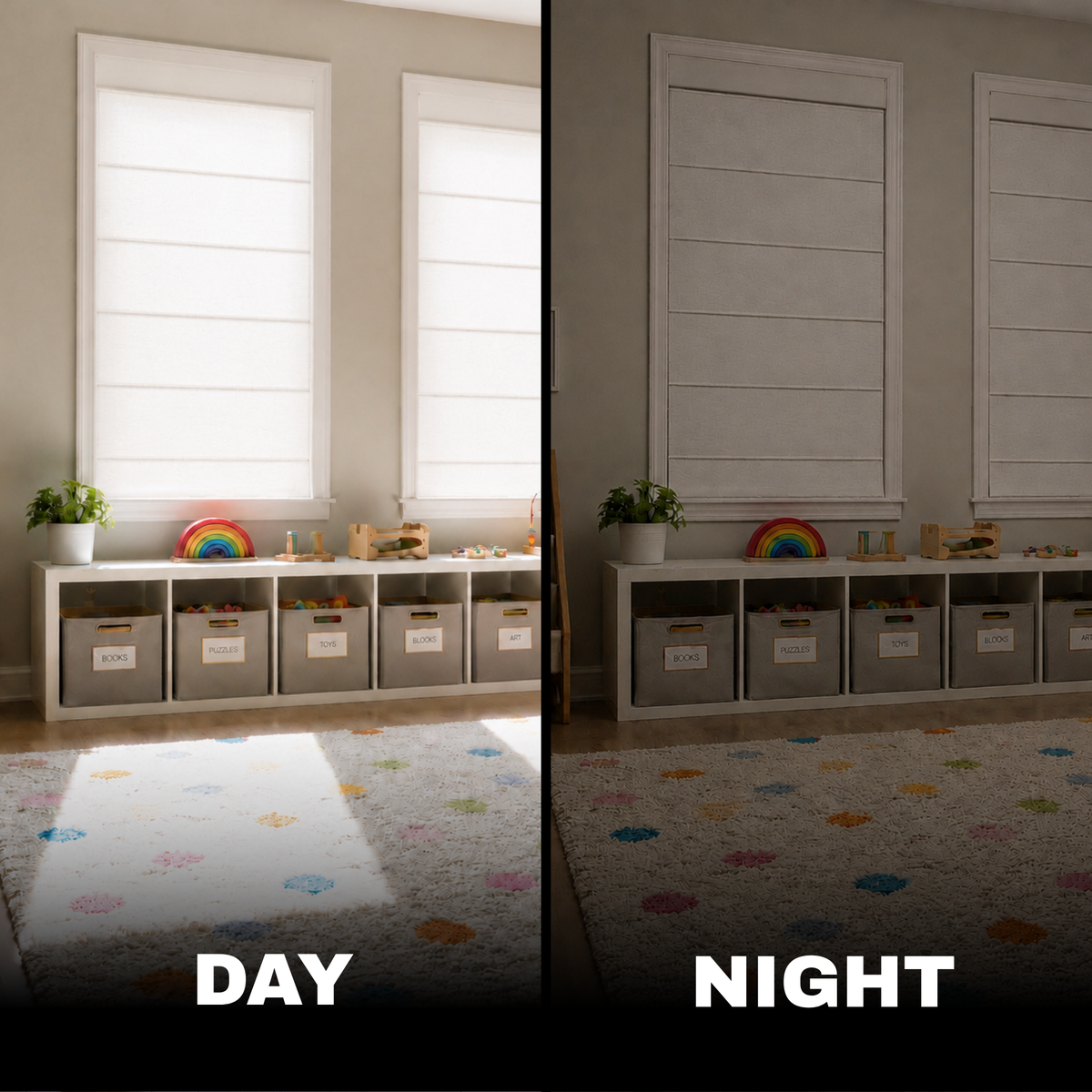 A split comparison of a children's room interior labeled DAY and NIGHT. The left side shows bright daylight streaming through two windows, with white window shades, a low white storage unit with gray bins, toys, plants, and a light rug.