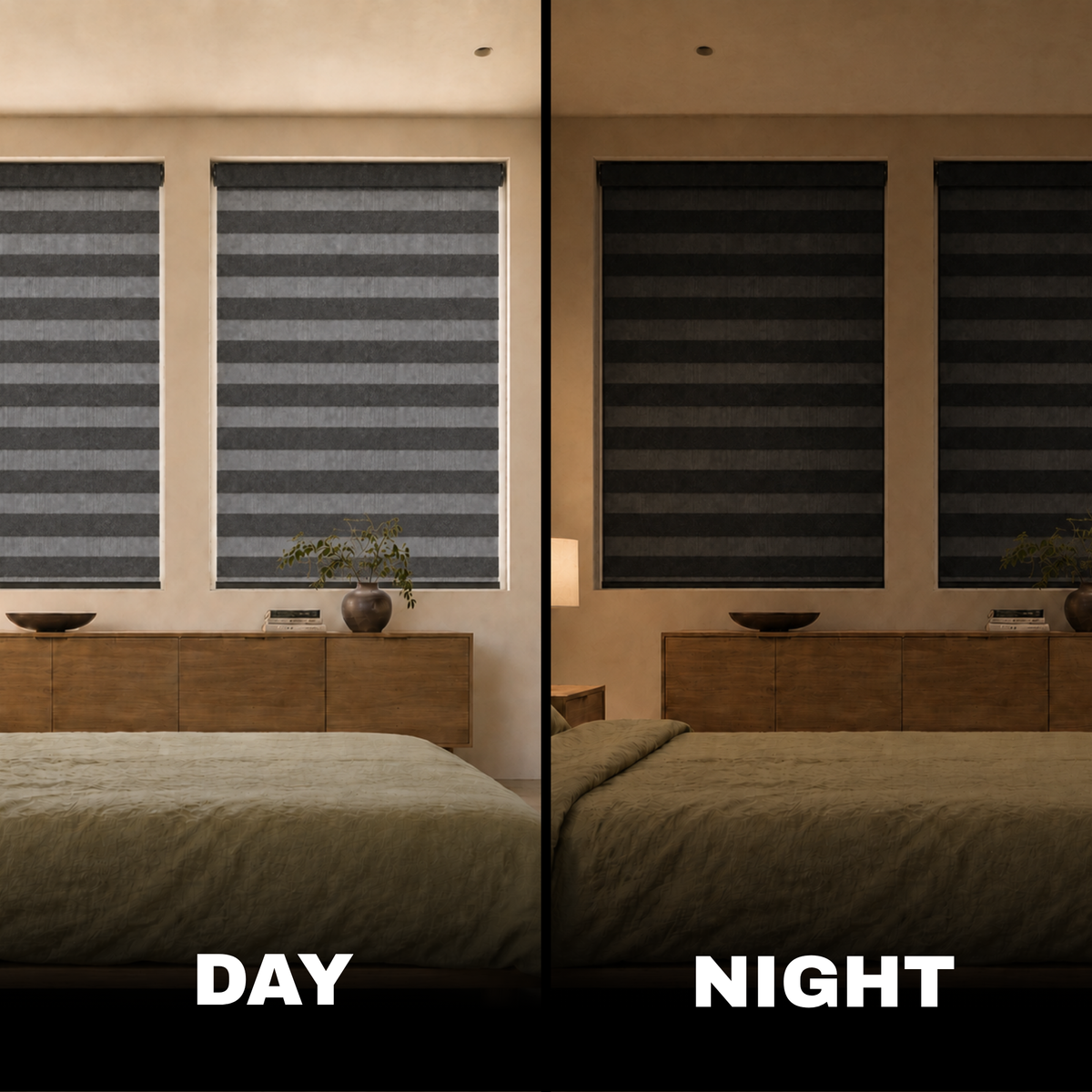 A split comparison of window blinds in a bedroom, labeled DAY on the left and NIGHT on the right. The left side shows the blinds open and light gray in a bright room, while the right side shows the same blinds closed and very dark charcoal/black in a dimmer room.