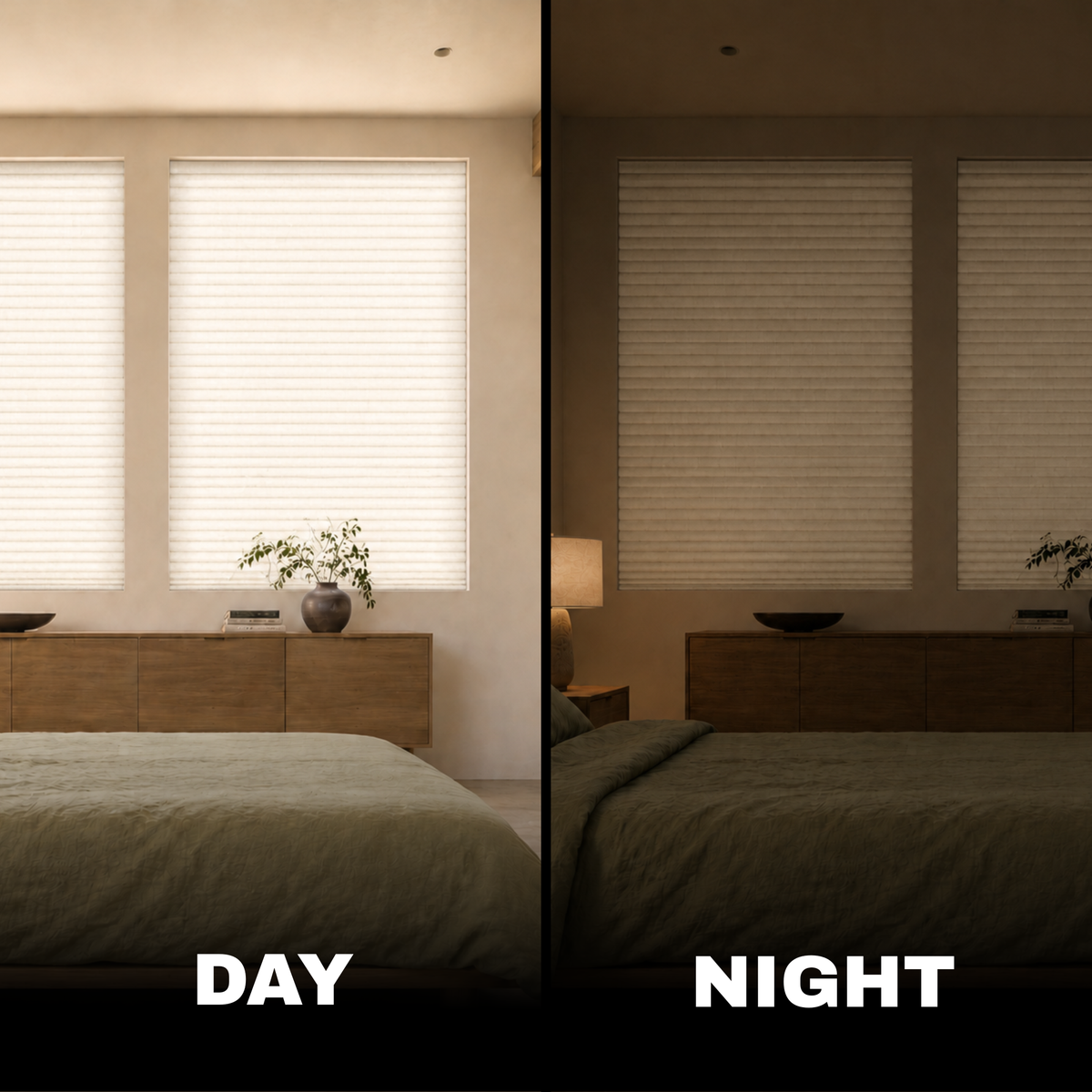 A split comparison of a window blind system in a bedroom, labeled DAY on the left and NIGHT on the right. The left side shows bright, daytime light filtering through the white horizontal blinds, while the right side shows a much darker room with the blinds still clearly visible and helping to manage light.